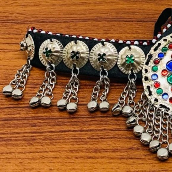 Silver Matha Patti, Traditional Matha Patti With Multicolor Glass Stone and Bell - Picture 5 of 14